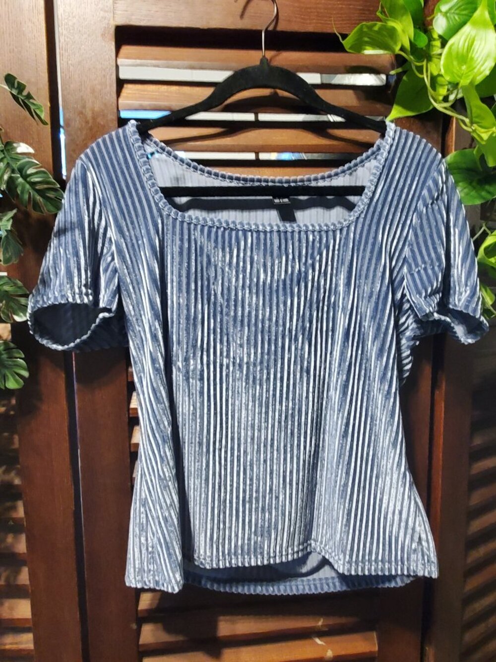 Sky Blue Ribbed Velvet Square Neck Tee
